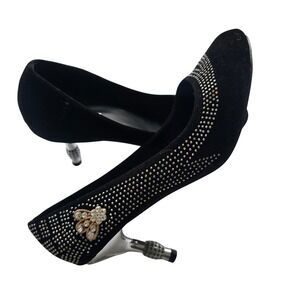 Nikan Black Faux Suede Rhinestone Studded Pointed Toe Kitten Heel Pumps Size 41